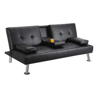 Modern Futon, Artificial Leather Seat With Cup Holders & Movable Arms ...