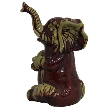 Ceramic Dark Red Baby Elephant Figure Seating Position With Trunk Rise Up
