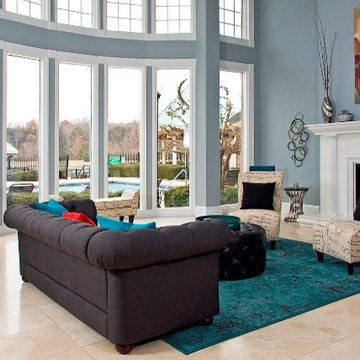Accents of Turquoise and Red Grand Living Room