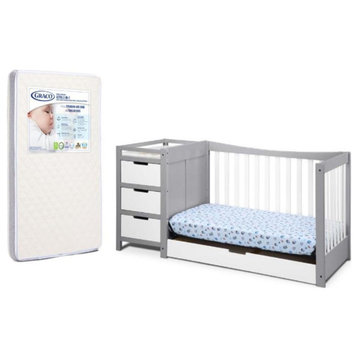 Home Square 2-Piece Set with Crib & 2-in-1 Crib Mattress in White and Gray