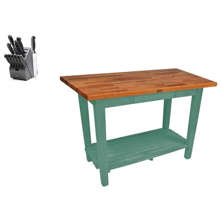 John Boos Oak Classic Country Table 48x25 and Henckels Knife Set, Basil, No Shelf, No Drawer, No Casters