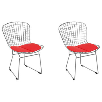 Chrome Wire Dining Side Chair With Faux Leather Seat Cushion, Set of 2, Red