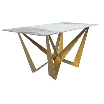LeisureMod Nuvor Dining Table With a 55" Rectangular Top and Gold Steel Base, Medium Gray