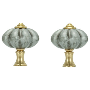 Pair of Brushed Nickel FInials and Chain Pull With Gold