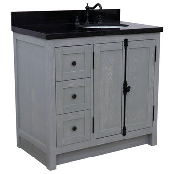 37" Single Vanity, Gray Ash With Black Galaxy Top, Right Doors/Right Oval Sink