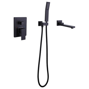 Wall Mounted Double Handle Roman Tub Faucet with Hand Shower, Matte Black