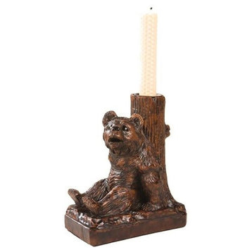 Candleholder Candlestick MOUNTAIN Lodge Tree Trunk Sitting Bear Resin