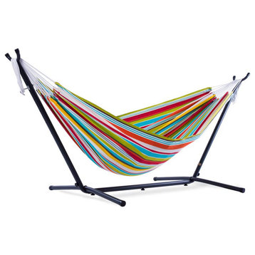 Double Hammock, Heavy Duty Steel Stand With Multicolored Striped Patterned Bed