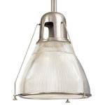 Hudson Valley Lighting - Haverhill Pendant, Satin Nickel, 16" - Embossed with sleek vertical ribbing, Haverhill's clear glass refracts brilliant light across its prismatic shade. The collection's vintage marine details bring the lively spirit of the open sea to inland and coastal estates alike. Slender spider arms secure Haverhill's metal-rimmed diffuser plate, while details such as the knurled thumbscrews display our commitment to authenticity.