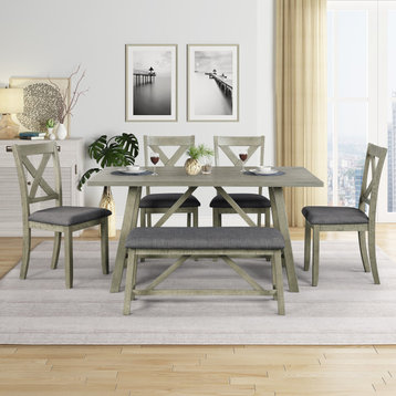 6-Piece Wood Dining Set with Bench and 4 Upholstered Chairs