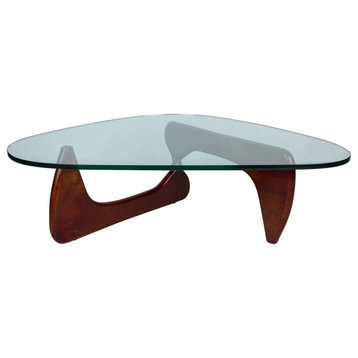 LeisureMod Imperial Triangle Wooden Glass Top Coffee Table in Cherry