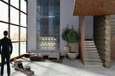 Idee per un soggiorno industriale con sala formale, pavimento in cemento e pavimento grigio