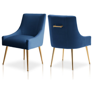 SEYNAR Modern Glam Boucle Pleated Velvet Dining Chair, Set of 2, Navy Blue