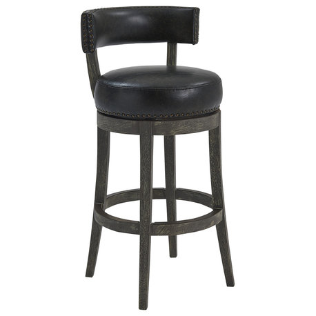 Richards 30" Wood Swivel Bar Stool, American Gray Finish, Onyx Faux Leather