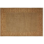 Bareens Designer Rugs - Bohemian Ziegler Inell Green Tan Hand-Knotted Wool Rug - 10'2'' x 13'8'' - Enhance the ambiance of your home with this magnificent Persian-influenced Turkish hand-knotted rug made by skilled artisans capable of creating the most exceptional vegetable dyes and hand-spun wool. This exquisite handmade rug is a one-of-a-kind  Kafkaz, otherwise identified as Chobi, Chobi Peshawar, Oushak, or Ziegler rug. These handmade rugs are crafted in Pakistan utilizing superior-quality wool imported from Australia, New Zealand, and Korea in two types of weaves: the Persian weave and the Mori weave. This rug is meticulously crafted by hand using the finest natural vegetable dyes extracted from local plants. The artisans use a blend of hand-spun local and fine merino wool, resulting in a rug with a compelling texture, higher lanolin content, and longer staple. The artisans occasionally incorporate natural or artificial silk into the pile to enhance specific motifs. The finished product is an awe-inspiring execution of flawless design and an understated palette that exudes elegance.