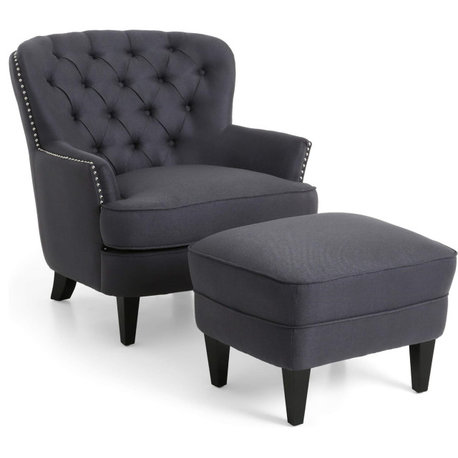 Contemporary Club Chair and Ottoman Set with Padded Seat and Tufted Back, Gray