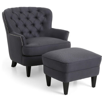 Contemporary Accent Chair With Ottoman, Padded Seat & Button Tufted Back, Gray