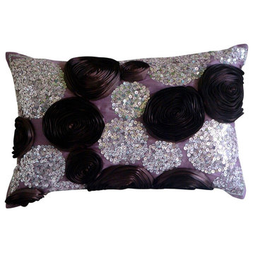 Purple Art Silk 12"x26" Ribbon Rose Flower Lumbar Pillow Cover, Wine Roses