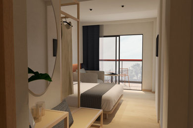 Example of a small tuscan master medium tone wood floor bedroom design in Other with white walls