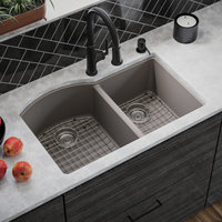 Karran Undermount Quartz 32" 60/40 Double Bowl Kitchen Sink Kit, Concrete