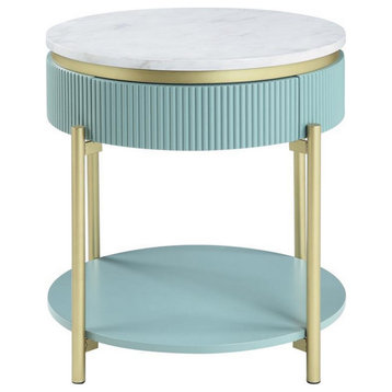 Ville 23" Round Side End Table, White Faux Marble Top, Teal Reeded Edge