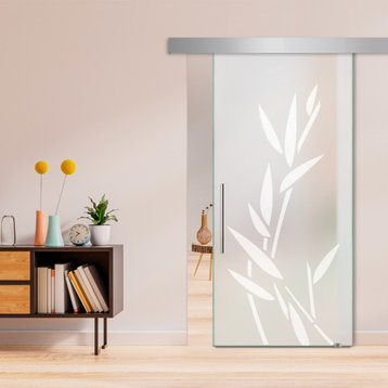 Modern Sliding Glass Door With Elegant Engraved Design ALU100, 36"x84", Recessed Grip