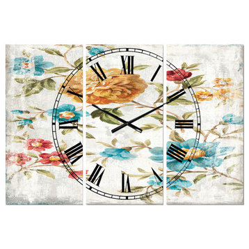 Golden Flowers Cabin and Lodge 3 Panels Metal Clock