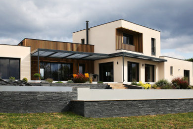 Cette photo montre une grande façade de maison moderne à un étage avec un revêtement mixte et un toit plat.