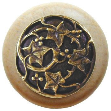 Ivy With Berries Wood Knob, Antique Brass, Natural Wood Finish, Antique Brass