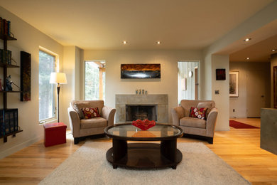 Trendy enclosed light wood floor and beige floor living room library photo in Calgary with white walls, a standard fireplace, a concrete fireplace and no tv