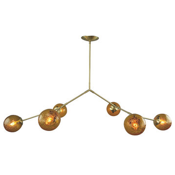 Branching Chandelier, Vintage Amber Crackle Bubble Glass 6 Globes