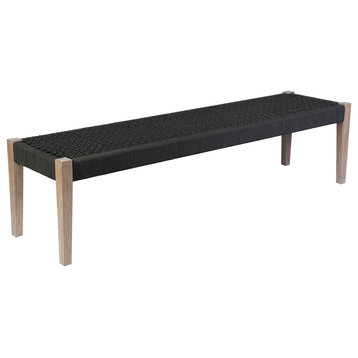 Camino Indoor Outdoor Dining Bench, Eucalyptus Wood and Charcoal Rope