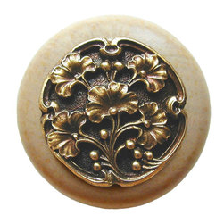 Inviting Home Inc. - Ginkgo-Berry Natural Wood Knob, Unfinished With Antique-Style Brass - Cabinet And Drawer Knobs