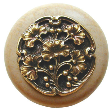 Ginkgo-Berry Natural Wood Knob, Unfinished With Antique-Style Brass
