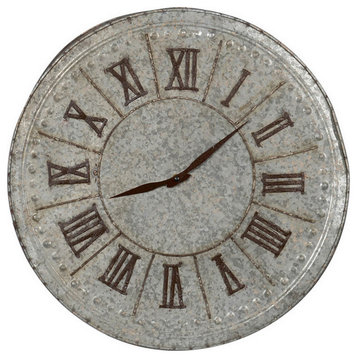20" Classic Round Wall Clock, Metal, Roman Numerals, Vintage Gray