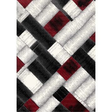 Florence Collection Gray Red Rectangles Area Rug, 4'7"x6'7"