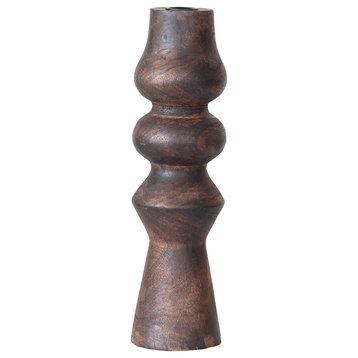 Decorative Espresso Finish Wood Hand-Carved Taper Candle Holder, Brown
