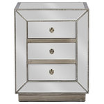 Baxton Studio - Currin Contemporary Mirrored 3-Drawer Nightstand - This Art Deco inspired, contemporary, fully mirrored Currin 3 drawer nightstand reflects light beautifully, making it an elegant, and practical bedside table to suit any bedroom. It features MDF frame, metal nail head trim and bronze drawer pulls, which together or individually will complement any style of bed, furniture or decor in your bedroom.