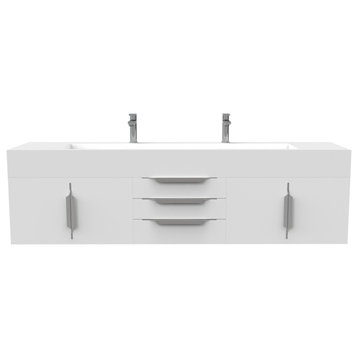 Nile 72" Wall Mounted Bathroom Vanity Set, White, White Top, Chrome Handles