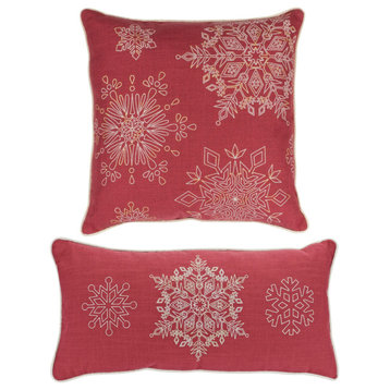 Snowflake Pillow, 2-Piece Set, 17"Sq, 19"Lx9"H Polyester, Red, Gold, White