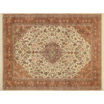 Bareen's Designer Rugs - Kashan Pak-Persian Pilar Ivory/Lt. Brown Wool Rug - 9'1 x 12'1 - Designed with mesmerizing intricacy and gorgeous color palette, this hand-knotted masterpiece demonstrates the beauty and electrifying thrill of Pak Persian art. These meticulously handcrafted Pak-Persian rug is made with pure wool and features breathtaking traditional and Transitional designs in bold lush color pallet. Known for their intricate designs these rugs are a reproduction of Persian rugs, made in Pakistan with unique Mughal designs. Made by master weavers using the same Persian texture, design and dying technique, we wanted to produce the most significant manifestation of the Persian art, life and culture. This rug is most famous for its exceptional quality, incredible designs, patterns and vibrant rich color. Pak-Persian rugs made with Persian weave with high knot counts, which enables the high intricacy and detail found in the patterns are also referred to as "State of art", each color adds a rich beautiful detail in the artwork of this rug. The design, color and beautiful chromatic composition with a vibrant sheen with traditional and Transitional designs, exude beauty, elegance and quality make this rug a masterpiece of its own.