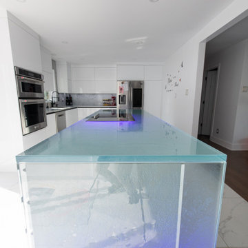 Residential glass kitchen island