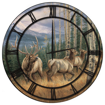 Wall Clock With Full Coverage Art, Back Country Elk, Black Numbers, 24"x24"