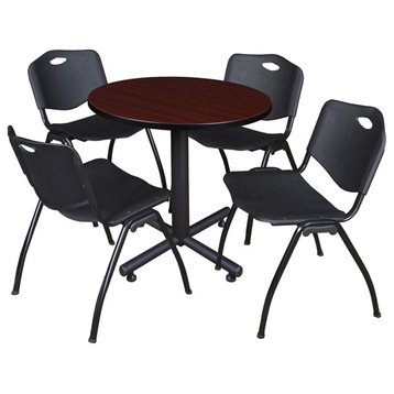 Kobe 30" Round Breakroom Table- Mahogany & 4 'M' Stack Chairs- Black