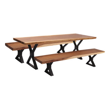Gloucester Solid Wood Iron Base Live Edge Dining Table w 2 Bench Set