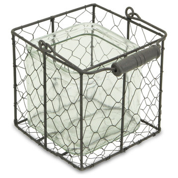 Square Wire Basket With Glass Jar, Brown, Large, Large