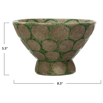 Round Terra-cotta Footed Bowl with Wax Relief Dots, Green and Cement