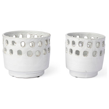 Larissa White Ceramic Perforated Decorative Vases, Set of 2