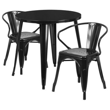 Flash Commercial Grade 30" Round Black Metal Table Set with 2 Arm Chairs