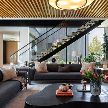 Driftwood Living Room with Floating Stairs and Container Garden